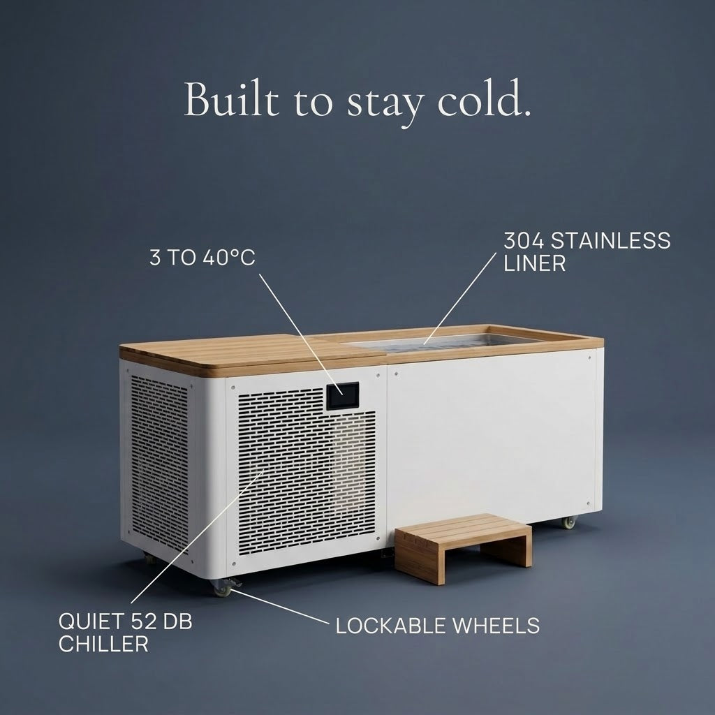 Nordrime Arctic cold plunge features: chiller, cover and wheels