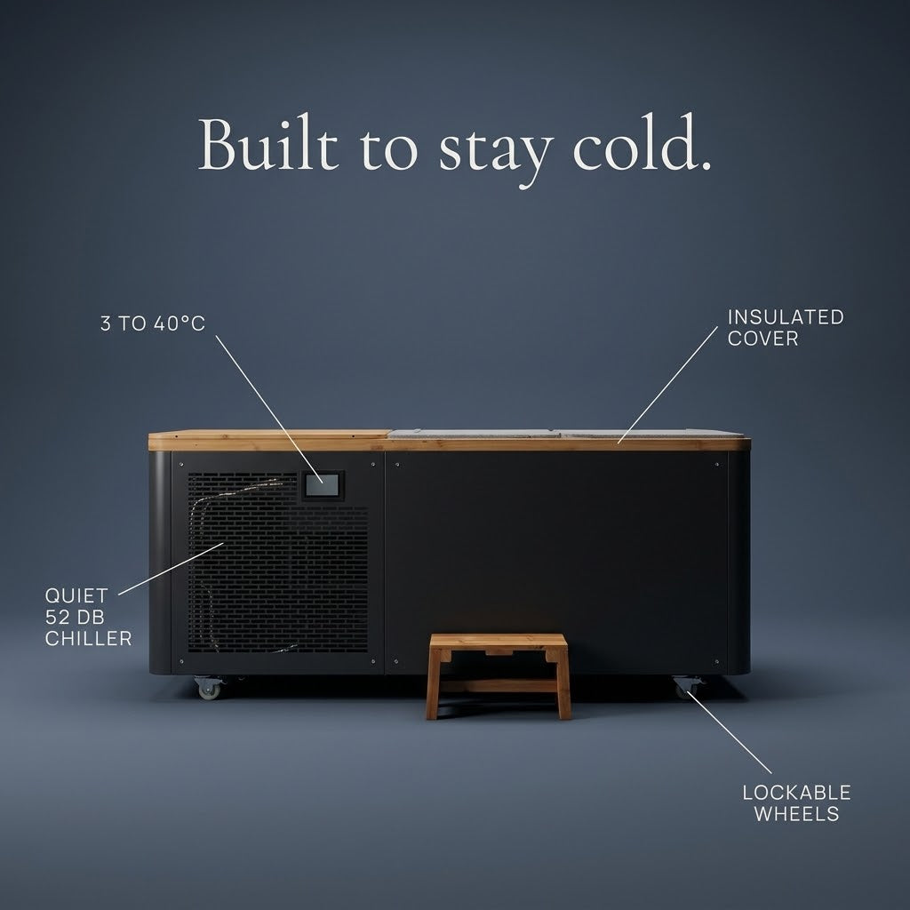 Nordrime Basalt cold plunge features: chiller, cover and wheels