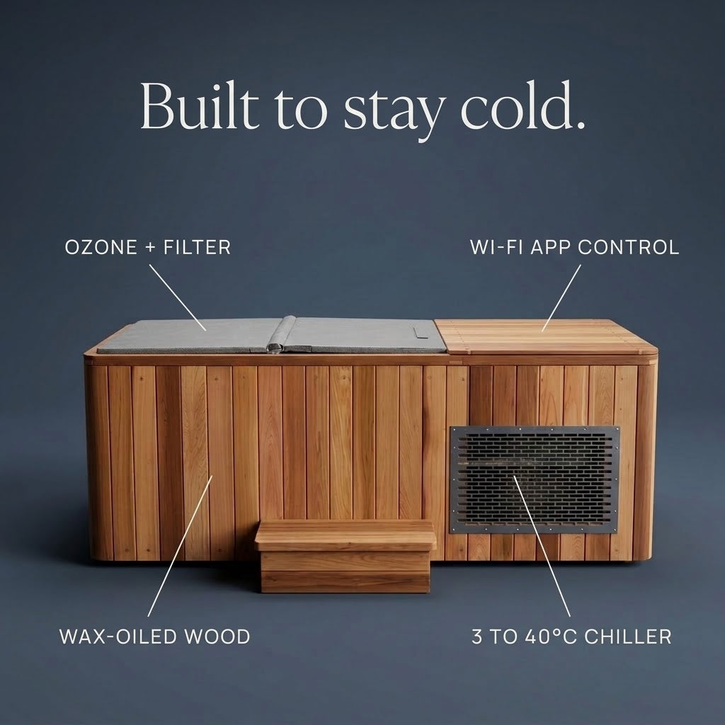 Nordrime Fjord cold plunge features: chiller, cover and wheels