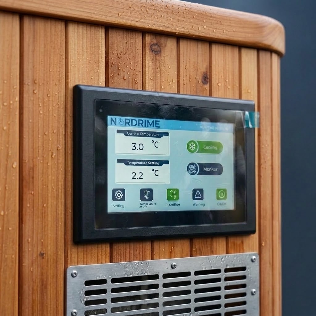 Nordrime control screen showing 3.0°C on the Fjord cold plunge