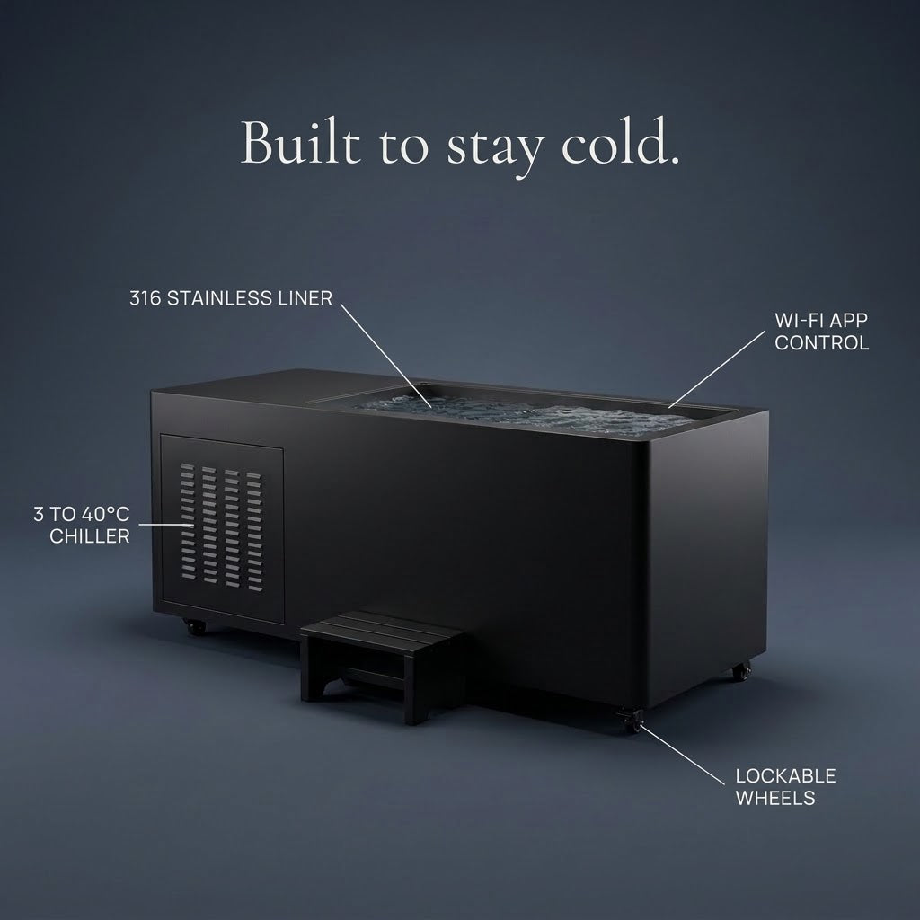 Nordrime Obsidian cold plunge features: chiller, cover and wheels