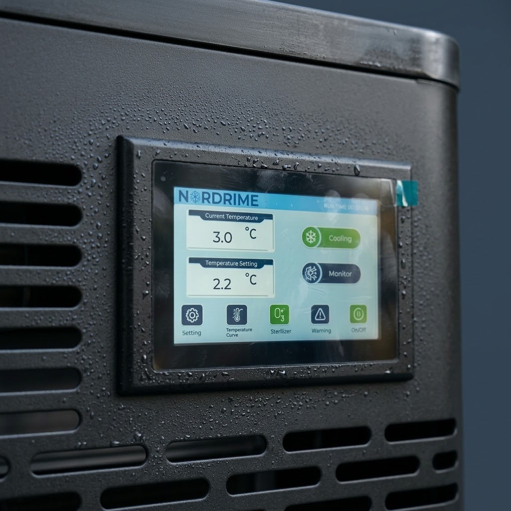 Nordrime control screen showing 3.0°C on the Obsidian cold plunge
