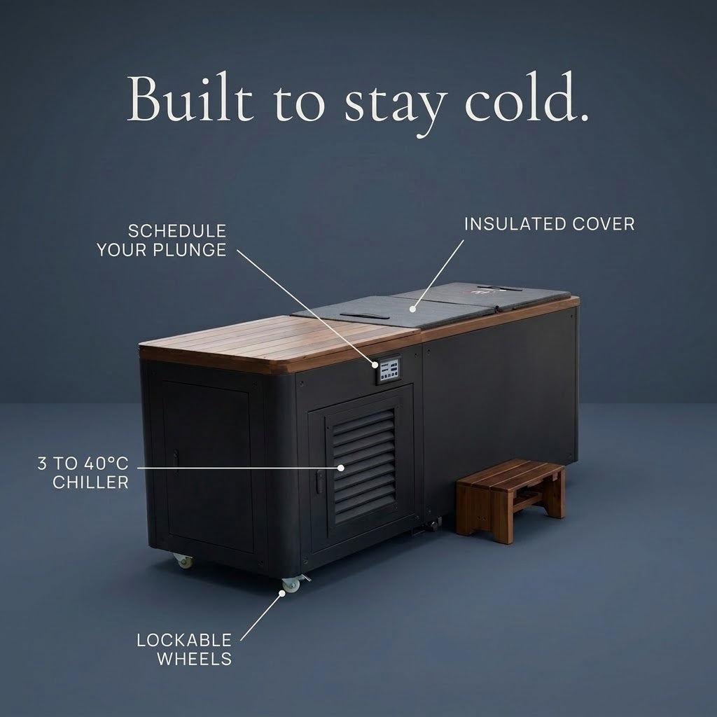 Nordrime Onyx cold plunge features: chiller, cover and wheels
