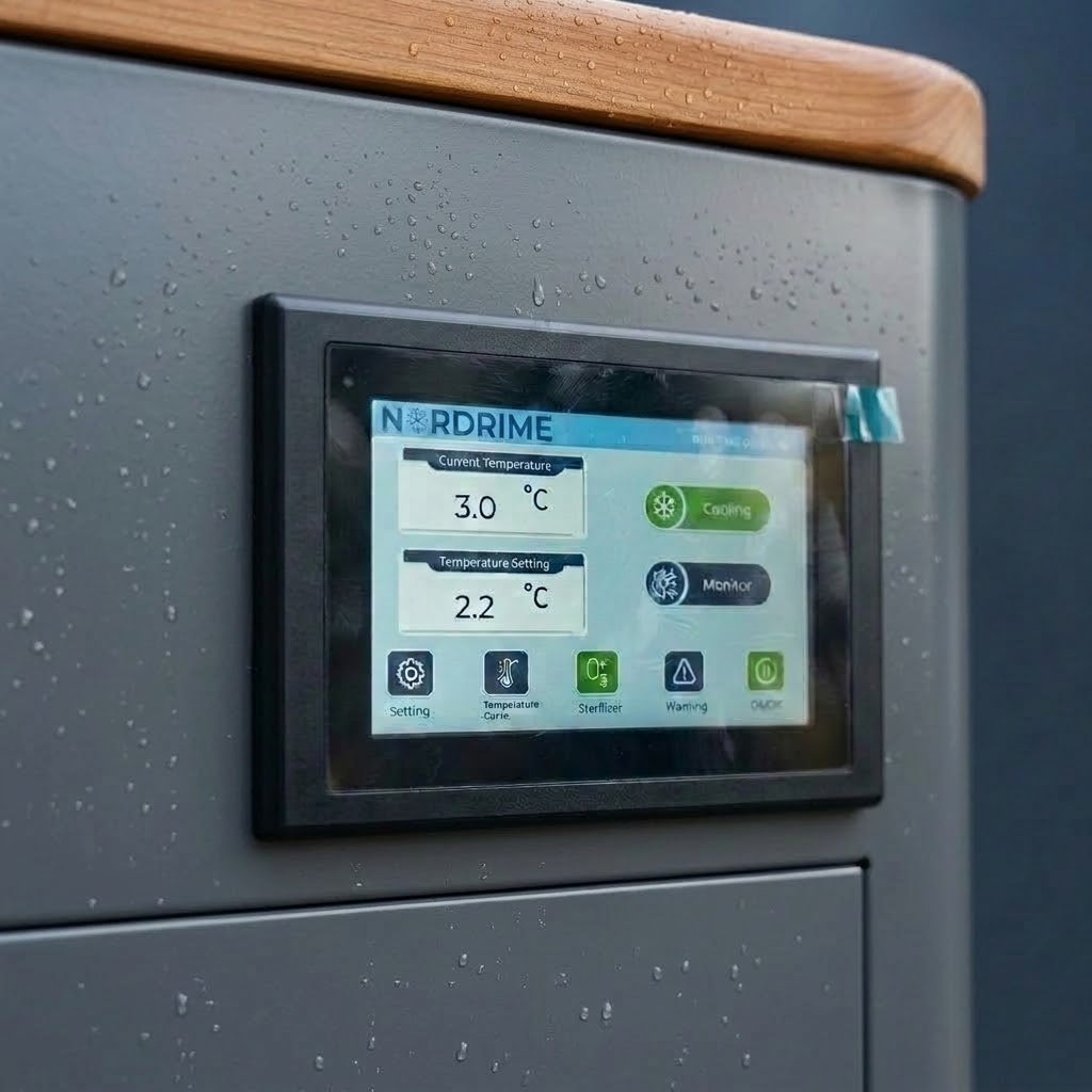 Nordrime control screen showing 3.0°C on the Slate cold plunge